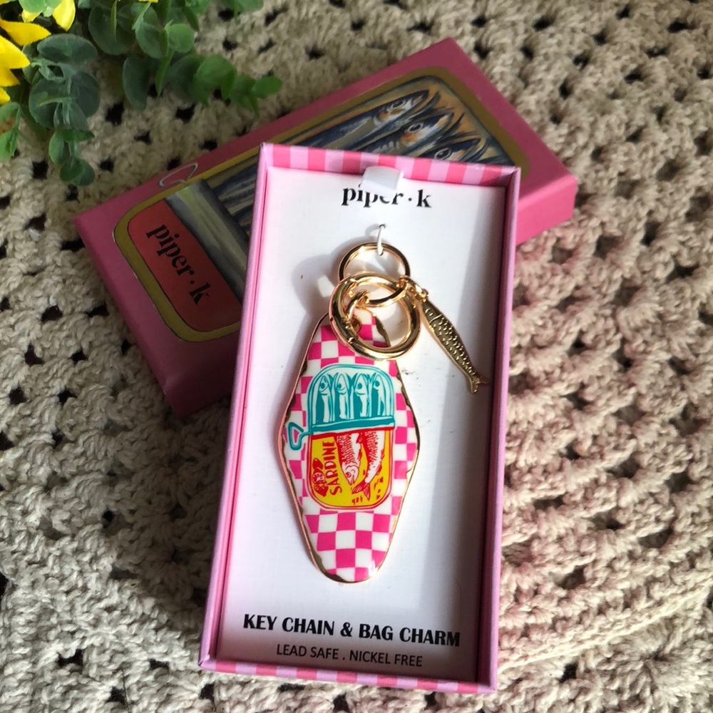 Piper K Checkerboard SARDINE Key Chain & Bag Charm - Gold Hardware